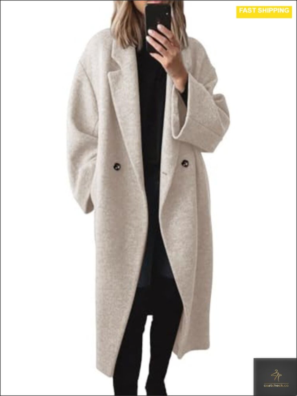 Women Wool Pea Coat Double Breasted Notch Lapel Oversized with Pockets